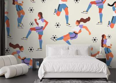 Seamless pattern with women playing soccer or football on a light grey background that can be used for wrapping, fabric, wallpaper, textile and other decoration. Wall mural