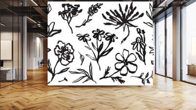 Tattoo flower collection. Contemporary abstract minimal art in charcoal or crayon drawing style botanic plant vector illustration. Ink hand drawn wild flowers set. Pencil drawn floral elements. Wall mural