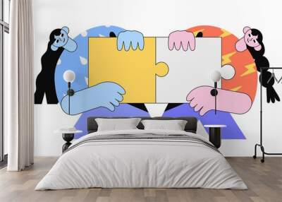 Vector illustration of two colleagues or partners doing jigsaw puzzle. The concept of team work, partnership, business solution for banners, ui and web design. Trendy outline geometric characters. Wall mural