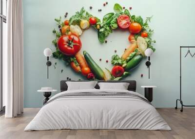 Vegetables laid out in the shape of a heart isolated on a light background. Vegetarianism, veganism. Healthy eating. Laying out the harvest Wall mural