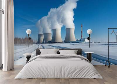 View of thermal power plant in the urban landscape. Energy industry. Environmental pollution. Ecology. Wall mural