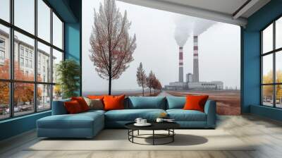 View of thermal power plant in the urban landscape. Energy industry. Environmental pollution. Ecology. Wall mural