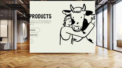 Woman with milk cow hugging. Livestock domestic animal with farm worker on ranch. Farmer milker and her cattle. Support local farmers vector illustration in charcoal, ink or crayon hand drawn style. Wall mural