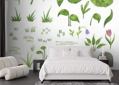 watercolor plants, leaves, hummocks and stones. Painted flowers, berries and landscape elements. floral set. Wall mural