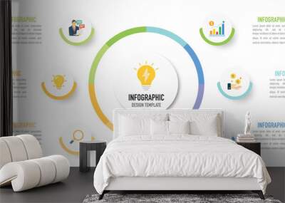 Circular mind map infographic business template or element including 6 step, process, option, with colorful circle and icons on white background for presentation or slide, minimal modern simple style Wall mural