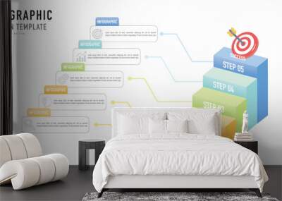 Stair or ladder infographic template or element as vector with 5 connected step, process, coloful 3D layer and icons on white background for business slide or presentation, minimal modern simple style Wall mural