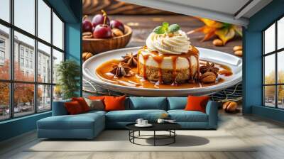  A rich chestnut dessert topped with whipped cream and drizzled with caramel, set against a cozy autumn background. Wall mural