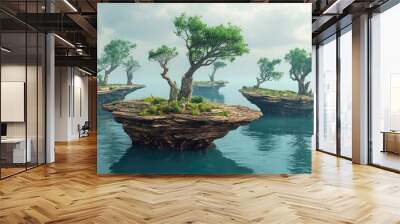  Floating islands with twisted trees over calm water, under a misty sky. Wall mural