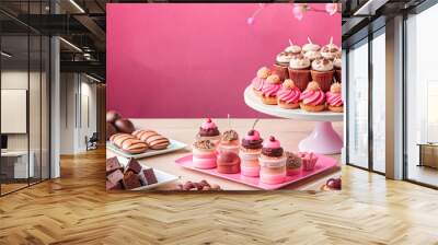 A delectable assortment of cupcakes, chocolates, and desserts on a bright pink background, perfect for a sweet celebration. Wall mural