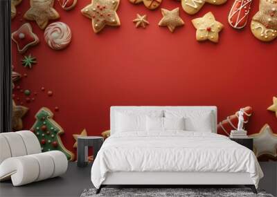 A display of festive holiday cookies on a red background, arranged in a frame. Wall mural