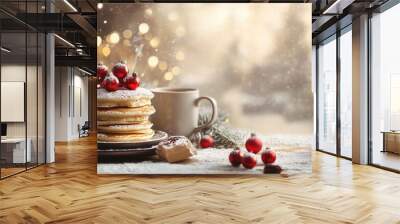 A festive Christmas morning breakfast setting with pancakes topped with powdered sugar and ornaments, accompanied by a steaming cup of coffee. Wall mural