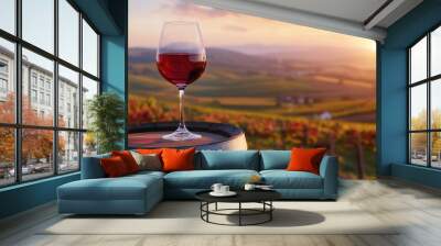 A glass of red wine resting on a rustic barrel with a scenic vineyard landscape in the background at sunset. Wall mural