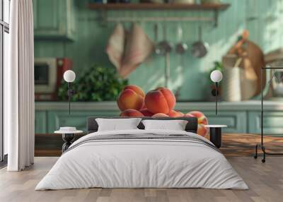 A pile of ripe peaches on a rustic wooden kitchen counter, bathed in sunlight. Wall mural