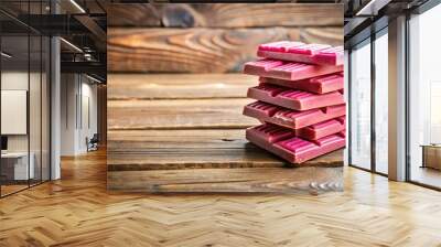 A stack of ruby chocolate bars, neatly arranged on a rustic wooden surface, creating a bold contrast with the vibrant pink color. Wall mural