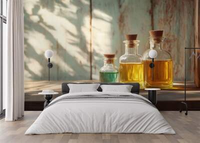 Glass bottles of essential oils on a wooden table bathed in natural light, rustic and serene. Wall mural