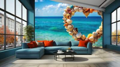 Heart-shaped shell decoration on beach with blue sea in background Wall mural