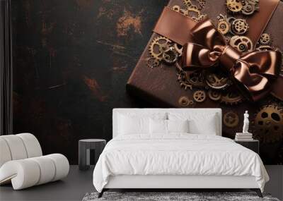 Steampunk-inspired gift box with metallic gears and a bronze bow on a dark textured background. Wall mural