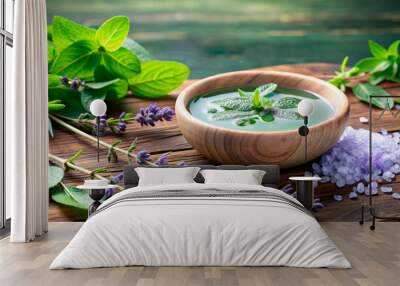 Wooden bowl with green herbal paste, surrounded by lavender and mint leaves, representing natural spa and wellness. Wall mural