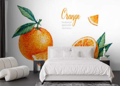 Watercolor Orange. Watercolor botanical illustration. Citrus fruit. Orange set. Slices of orange Wall mural