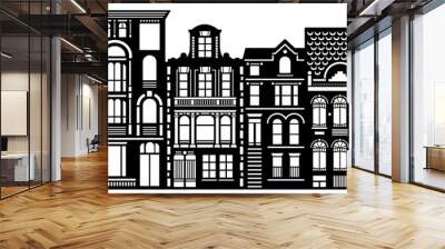 Laser cutting template of houses. Row of christmas houses. Amsterdam old houses facades. Wood carving vector. Die cut christmas town. Paper cutout. Baroque houses papercutting.   Wall mural