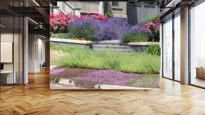 xeriscape garden landscape with greenery and flowers, pink and blue Wall mural