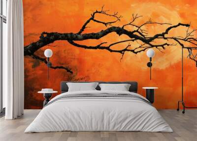 A branch on a orange background  Wall mural