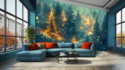 Magical forest with christmas trees and lights  Wall mural