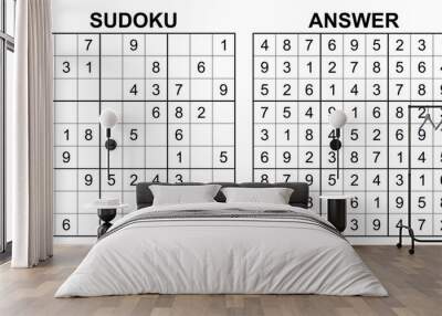 Vector sudoku with answer. Educational game with numbers for kids and leisure for adult on white background.	 Wall mural