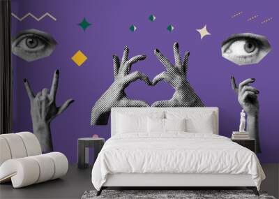 Set of hands and eyes. Isolated violet background. Collage elements for a message using hands, eyes. Vintage vector set with dotted pop art Wall mural