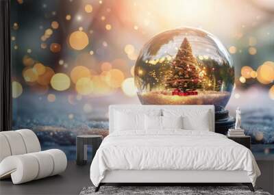 Shiny Christmas card with a Christmas tree in a snow globe Wall mural