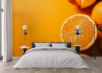 Sliced and whole oranges on an orange background Wall mural