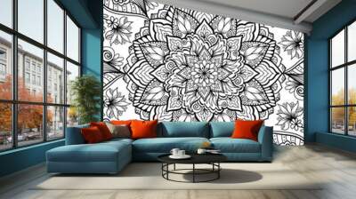 Ornamental mandala adult coloring book page. Zentangle style coloring page. Arabic, Indian ornament Wall mural