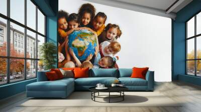 The earth surrounded by children on a white background. The concept of Earth day. Wall mural