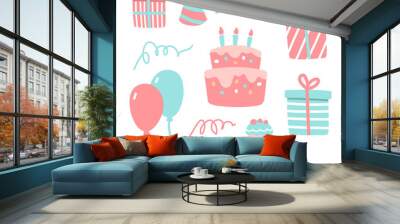 Vector illustration of happy birthday set. Party elements, balloons, cake and capcakes, gift box, party hat, flags. Cute hand drawn artwork in doodle style. For greeting card, design, print, poster Wall mural