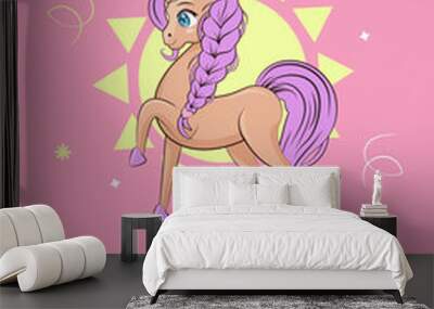 Birthday invitation with a unicorn for a girl on a pink background with text. Wall mural