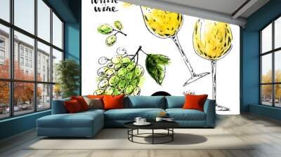 Hand drawn ink sketch of white wine glasses and grape berries with green and yellow watercolor stains Wall mural