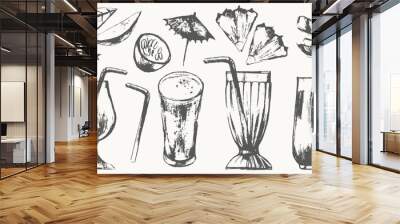 Hand drawn summer smoothie cocktail glass and ingredients poster Wall mural