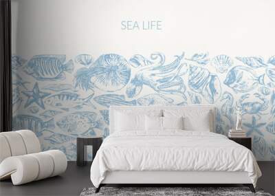 Sea life seamless border background wirh sea animals and fish illustration Wall mural