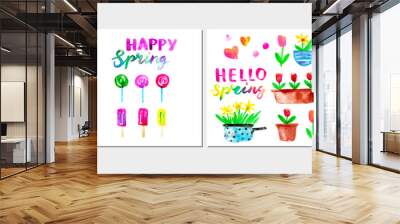 Spring season background with flowers, birds, hearts, teapot, cup, cake, candy, popsicles, tulips, daffodils Wall mural