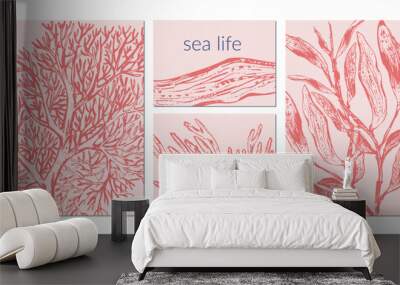 Vector sea life background set.  Wild life ocean creatures and seaweeds poster in coral red color. Wall mural