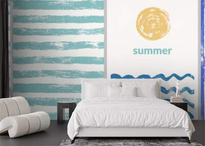 Vector summer posters with grunge textures. Summer striped and wavy patterns, sun, beach. Wall mural