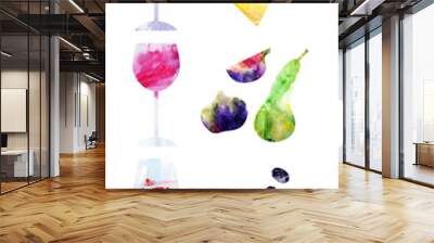 Watercolor abstract red wine glasses, and snack illustration Wall mural