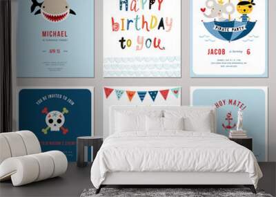 Birthday boy invitation cards set. Little bunny and octopus pirates, cartoon shark and decorative skull. Wall mural