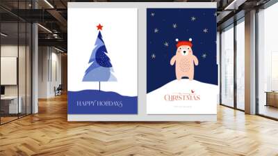 Christmas vector cards. Universal Winter Holiday templates with decorative Christmas Tree, penguin, Teddy bear, ornate floral frame with copy space, birds and greetings. Wall mural