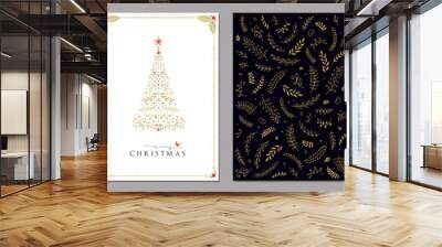 Corporate Holiday cards with Christmas tree, birds, ornate floral frames, luxury backgrounds and copy space. Universal artistic templates. Wall mural