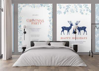 Corporate Holiday cards with Christmas tree, reindeers, bird, decorative floral frames, background and copy space. Universal artistic templates. Wall mural