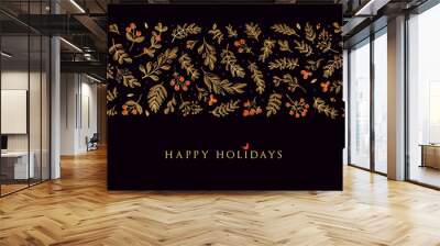 Golden horizontal Christmas, Holiday border with ornate floral motives and greetings. Universal modern line art florals. Merry xmas header or banner. Wallpaper or backdrop decor. Wall mural