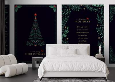 Luxury Corporate Holiday cards with Christmas tree, birds, ornate floral frames, background and copy space. Universal artistic templates. Wall mural