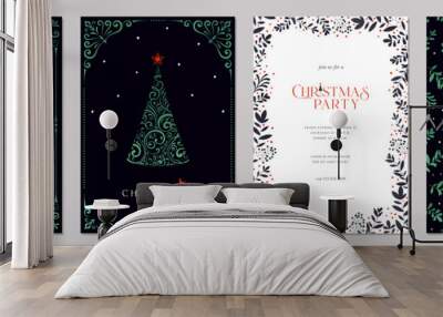 Luxury Corporate Holiday cards with ornate Christmas tree, Christmas ornament, bird, decorative floral frames, background and copy space. Universal artistic templates. Wall mural