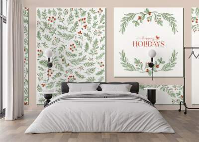 Merry and Bright Corporate Holiday cards. Universal abstract creative artistic templates with birds, modern background, frame and copy space. Wall mural